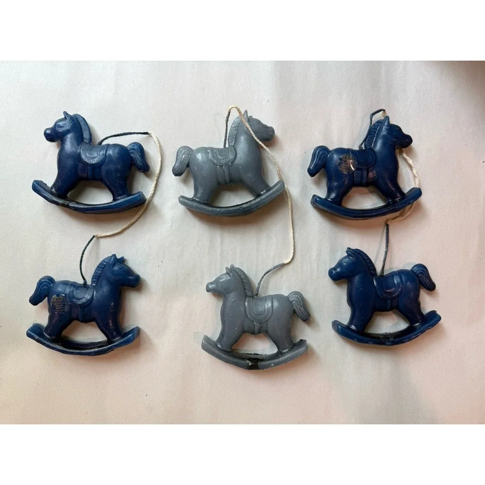 Lot of 6 VTG Joy Rocking Horse Wax Candles Cobalt & Pale Blue Cake Toppers NOS